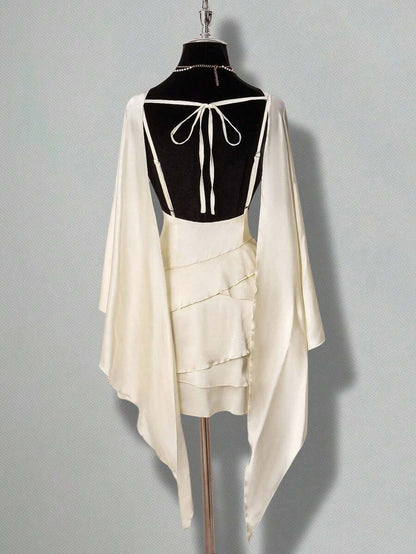 Elegant A-Line Boat Neck Cap Sleeves Tiered Ruffle Satin Ivory Mini Homecoming Dresses