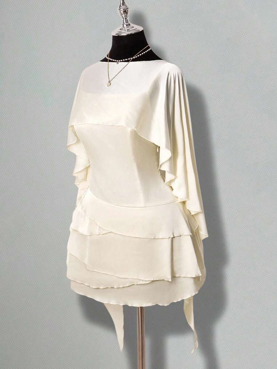 Elegant A-Line Boat Neck Cap Sleeves Tiered Ruffle Satin Ivory Mini Homecoming Dresses