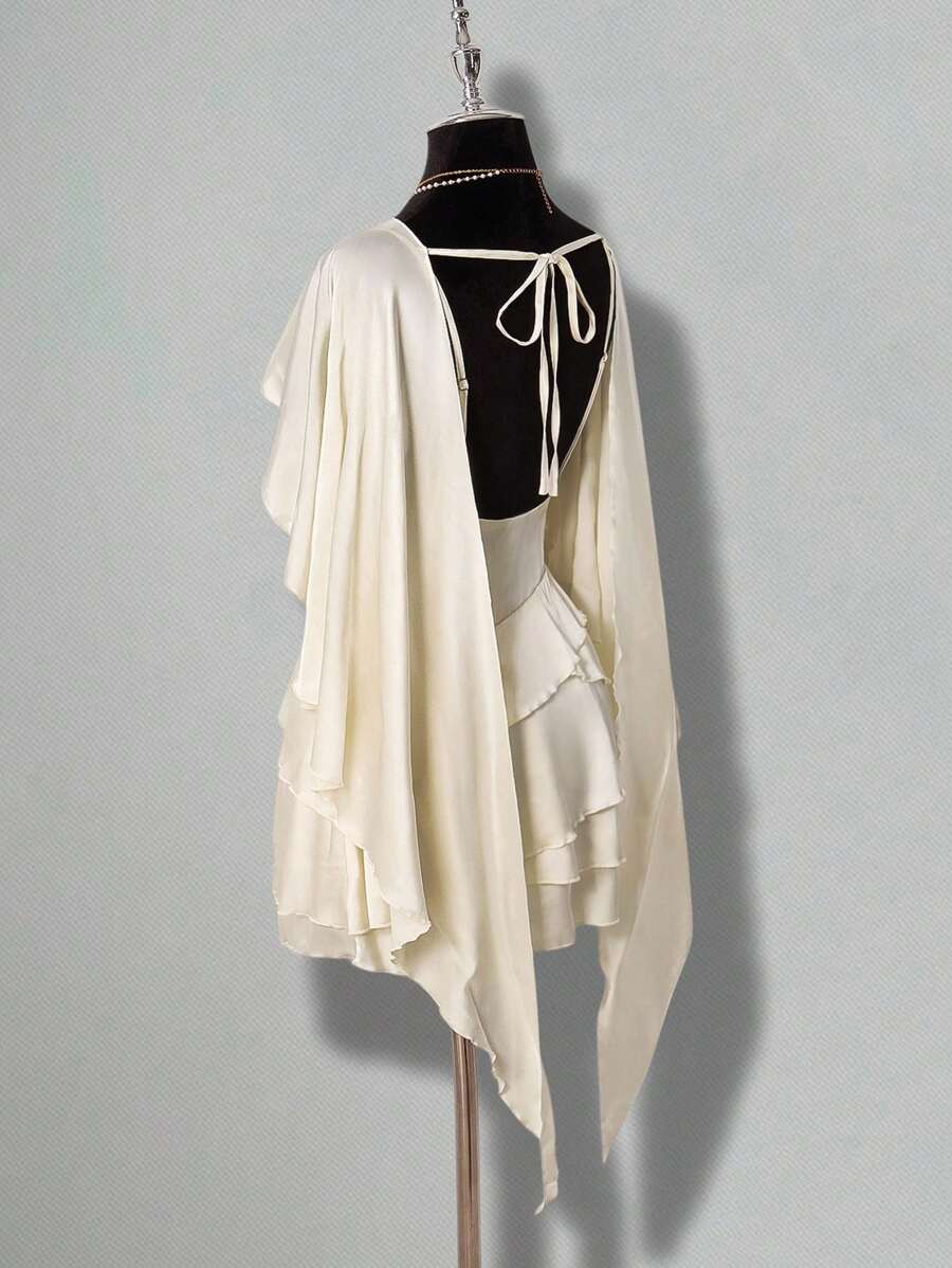 Elegant A-Line Boat Neck Cap Sleeves Tiered Ruffle Satin Ivory Mini Homecoming Dresses