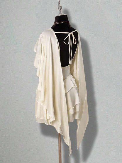 Elegant A-Line Boat Neck Cap Sleeves Tiered Ruffle Satin Ivory Mini Homecoming Dresses