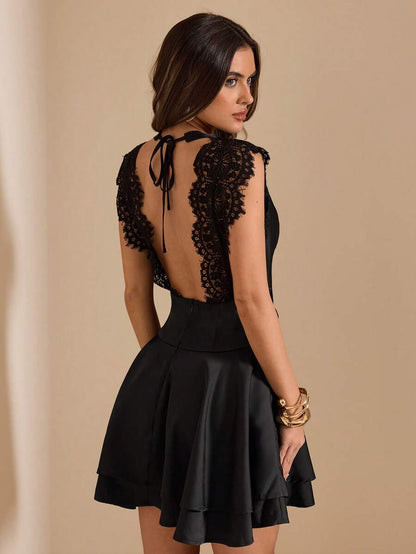 Elegant A-Line Cowl Neck Cap Sleeve Ruched Lace Black Mini Homecoming Dress