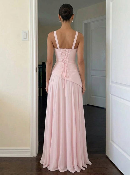 Elegant A-Line Cowl Neck Draped Pleated Blush Pink Floor-Length Prom Dress