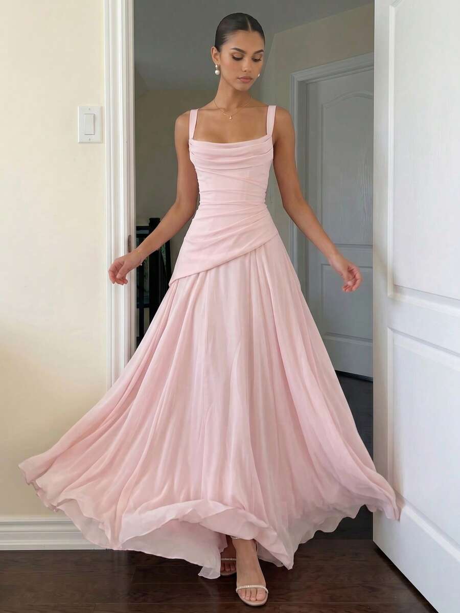 Elegant A-Line Cowl Neck Draped Pleated Blush Pink Floor-Length Prom Dress