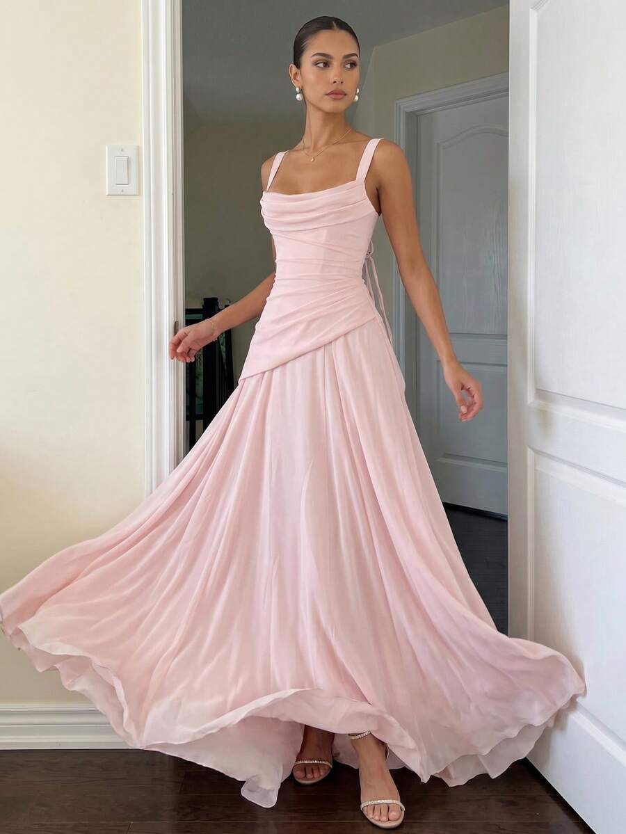 Elegant A-Line Cowl Neck Draped Pleated Blush Pink Floor-Length Prom Dress