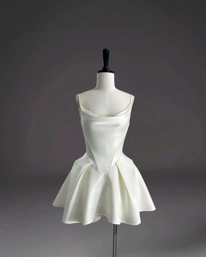 Elegant A-Line Cowl Neck Playful Structured Ivory Mini Homecoming Dresses