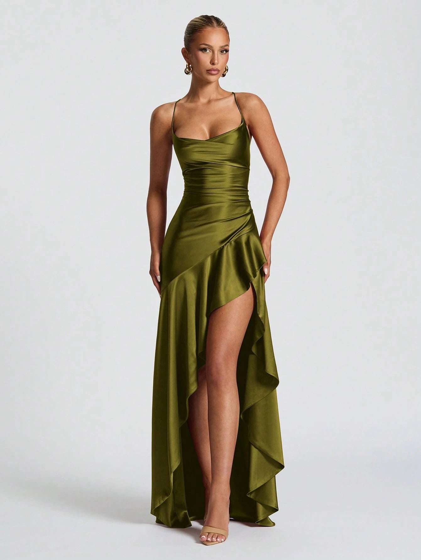 Elegant A-Line Cowl Neck Ruched Ruffle Hem Satin Olive Green Floor-Length Prom Dresses