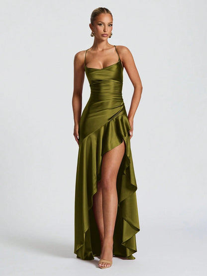 Elegant A-Line Cowl Neck Ruched Ruffle Hem Satin Olive Green Floor-Length Prom Dresses