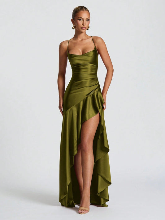 Elegant A-Line Cowl Neck Ruched Ruffle Hem Satin Olive Green Floor-Length Prom Dresses