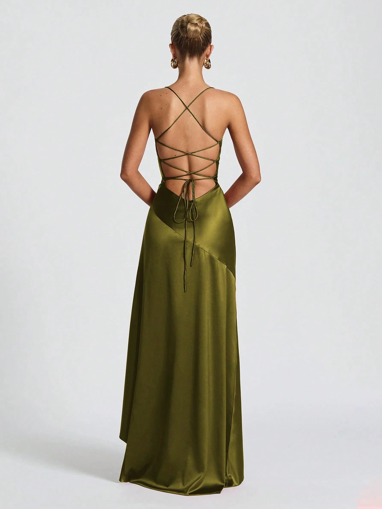 Elegant A-Line Cowl Neck Ruched Ruffle Hem Satin Olive Green Floor-Length Prom Dresses
