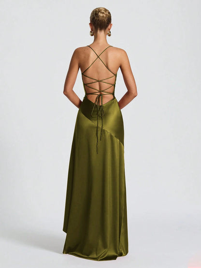Elegant A-Line Cowl Neck Ruched Ruffle Hem Satin Olive Green Floor-Length Prom Dresses