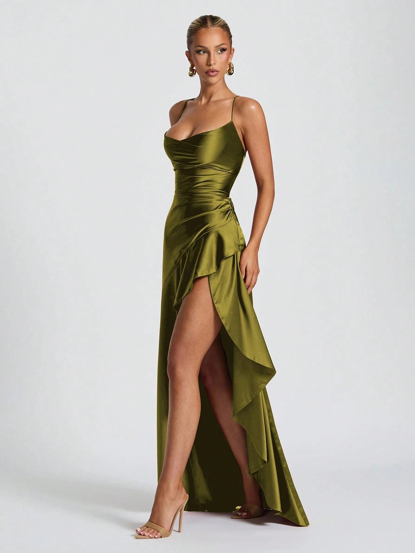 Elegant A-Line Cowl Neck Ruched Ruffle Hem Satin Olive Green Floor-Length Prom Dresses