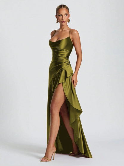 Elegant A-Line Cowl Neck Ruched Ruffle Hem Satin Olive Green Floor-Length Prom Dresses