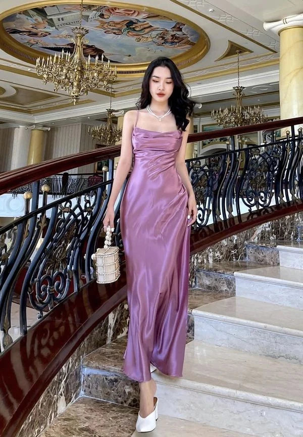 Elegant A-Line Cowl Neck Sleeveless Draped Silky Mauve Maxi Evening Dress Women's Gown