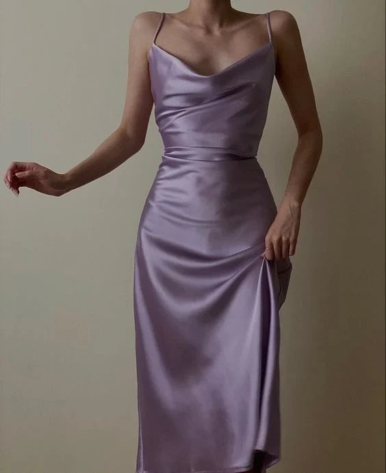 Elegant A-Line Cowl Neck Sleeveless Silky Lavender Midi Evening Gown