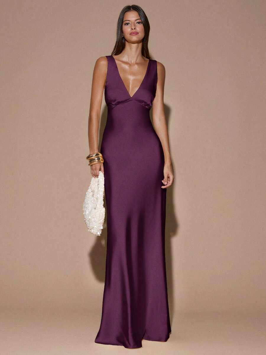 Elegant A-Line Deep V-Neck Backless Solid Dark Purple Floor-Length Prom Dresses