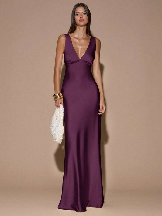 Elegant A-Line Deep V-Neck Backless Solid Dark Purple Floor-Length Prom Dresses