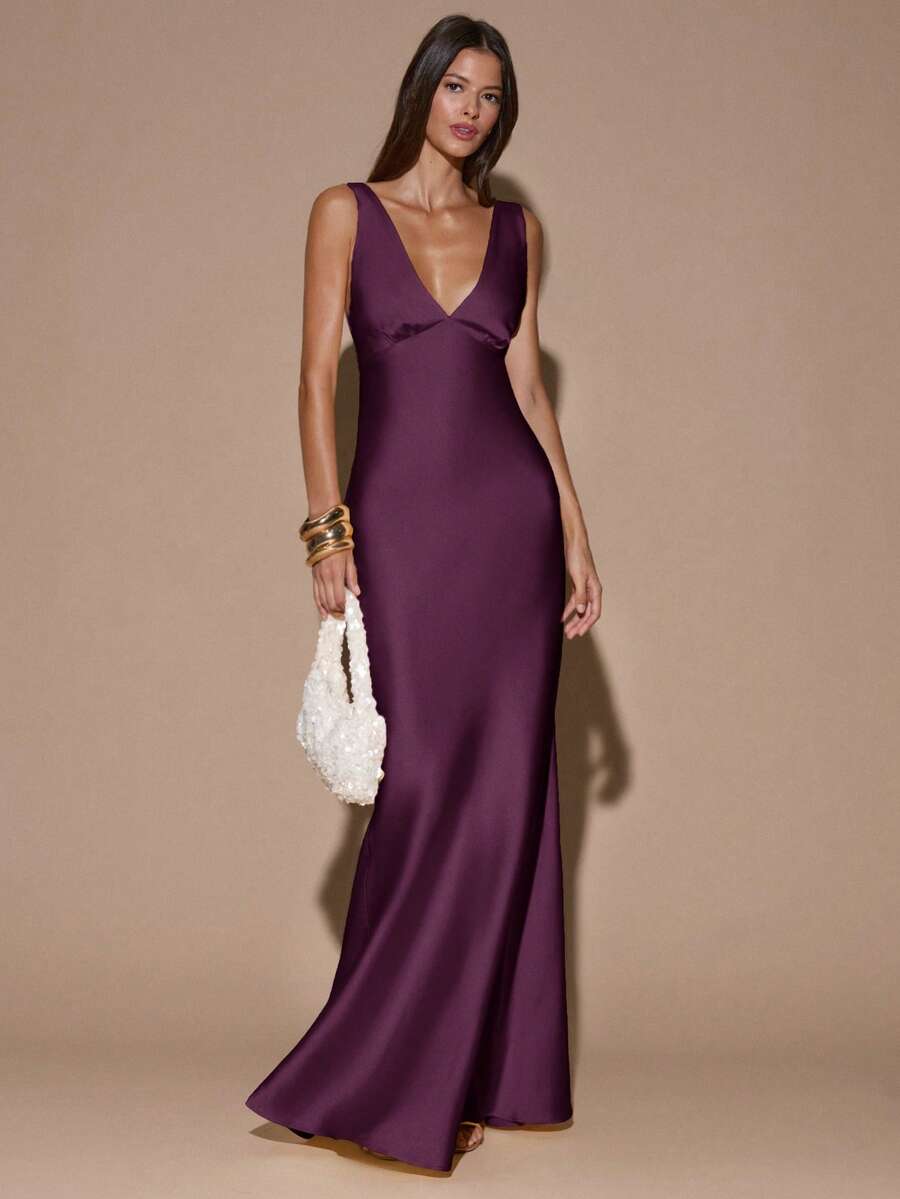 Elegant A-Line Deep V-Neck Backless Solid Dark Purple Floor-Length Prom Dresses