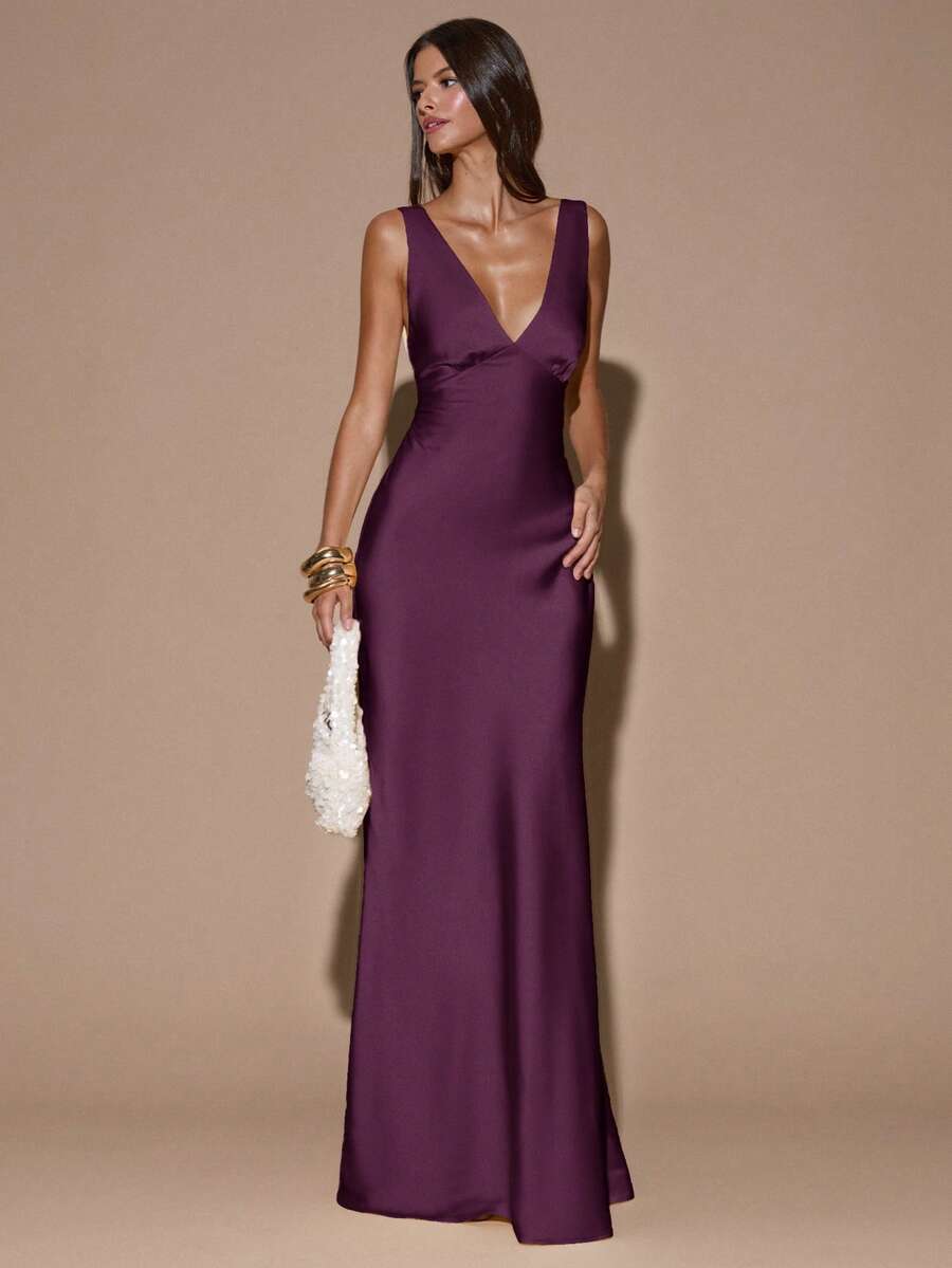 Elegant A-Line Deep V-Neck Backless Solid Dark Purple Floor-Length Prom Dresses
