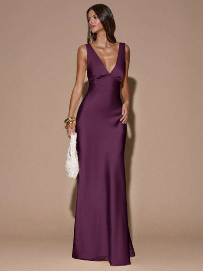 Elegant A-Line Deep V-Neck Backless Solid Dark Purple Floor-Length Prom Dresses