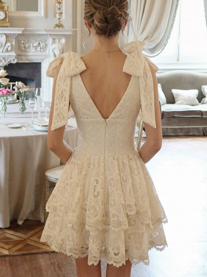 Elegant A-Line Deep V-Neck Bow-Tie Tiered Lace Ivory Mini Homecoming Dresses