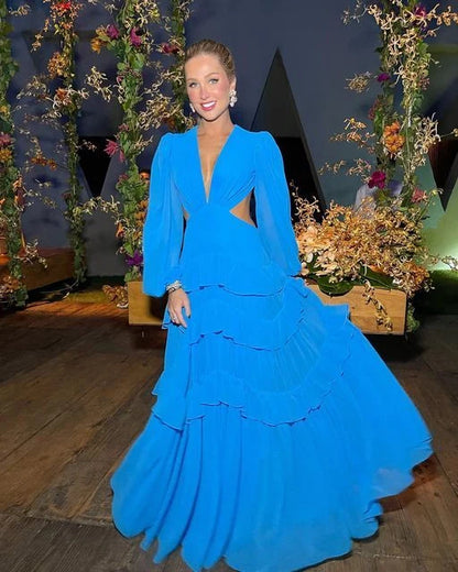 Elegant A-Line Deep V-Neck Long Sleeve Ruffled Blue Floor-Length Evening Dress