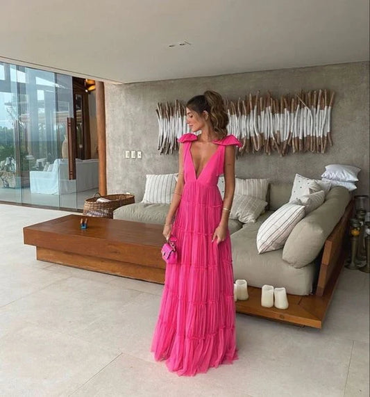 Elegant A-Line Deep V-Neck Sleeveless Ruffled Tiered Hot Pink Maxi Evening Gown