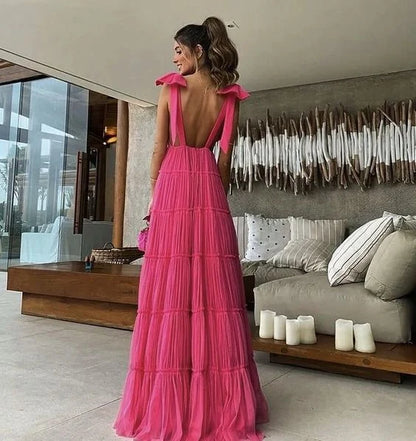 Elegant A-Line Deep V-Neck Sleeveless Ruffled Tiered Hot Pink Maxi Evening Gown
