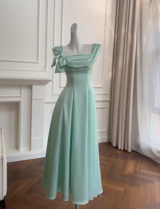Elegant A-Line Draped Bow Mint Green Midi Evening Dress for Women