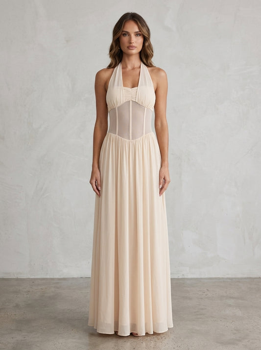 Elegant A-Line Halter Corset Mesh Flowy Cream Floor-Length Prom Dress For Women