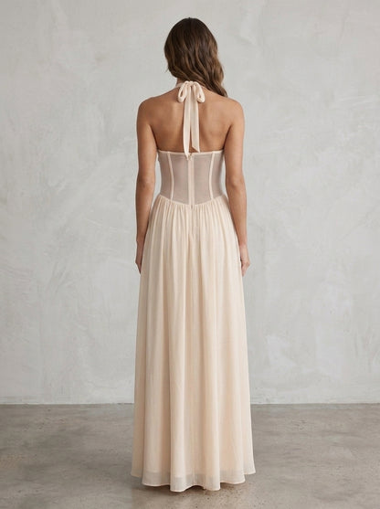 Elegant A-Line Halter Corset Mesh Flowy Cream Floor-Length Prom Dress For Women