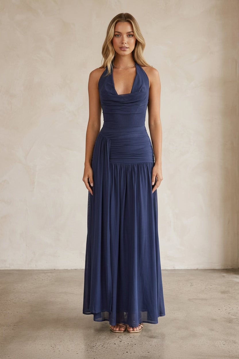 Elegant A-Line Halter Cowl Neck Draped Ruched Mesh Navy Blue Floor-Length Prom Dress