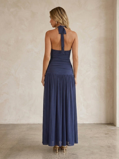 Elegant A-Line Halter Cowl Neck Draped Ruched Mesh Navy Blue Floor-Length Prom Dress