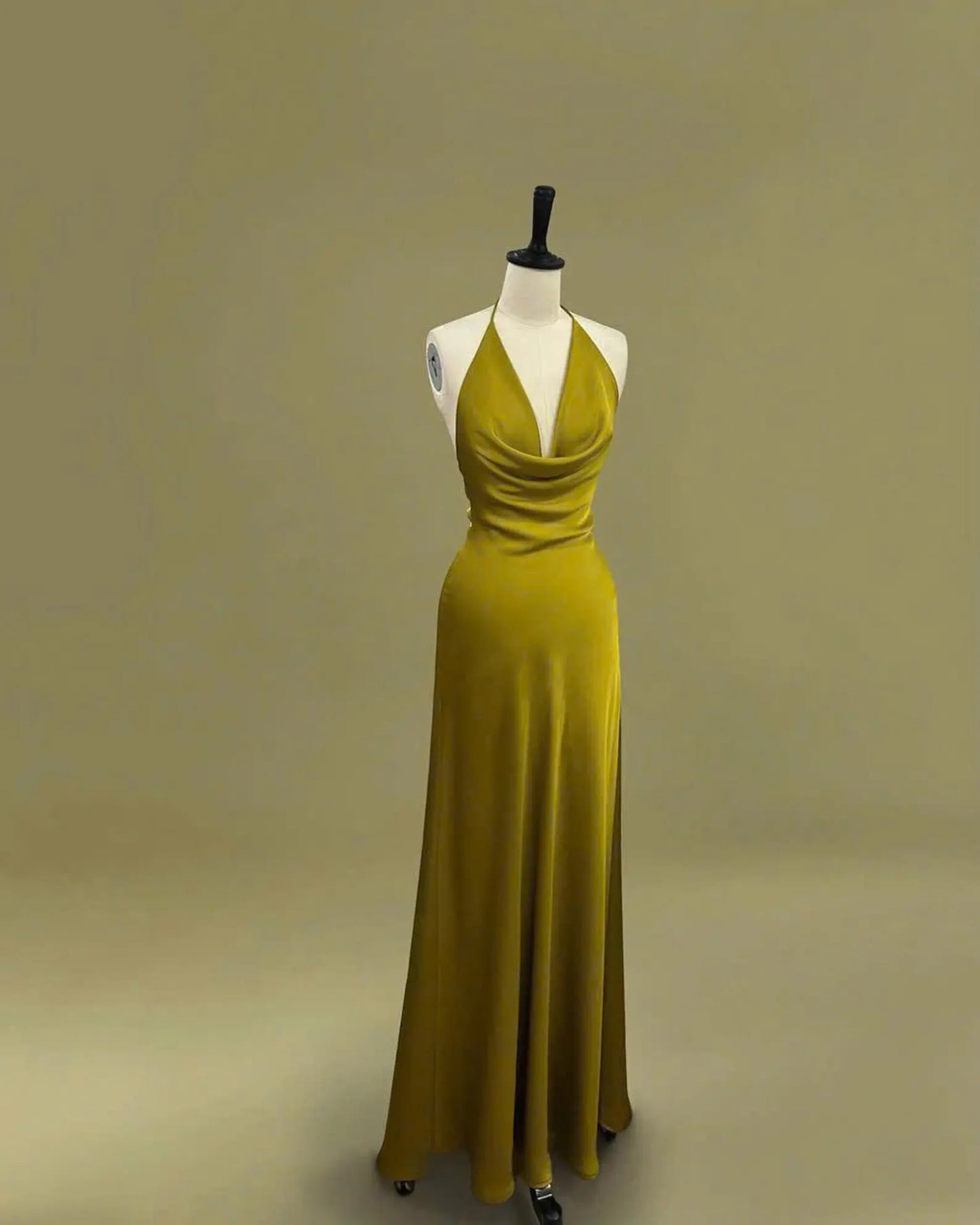 Elegant A-Line Halter Cowl Neck Open Back Olive Green Floor-Length Prom Dress