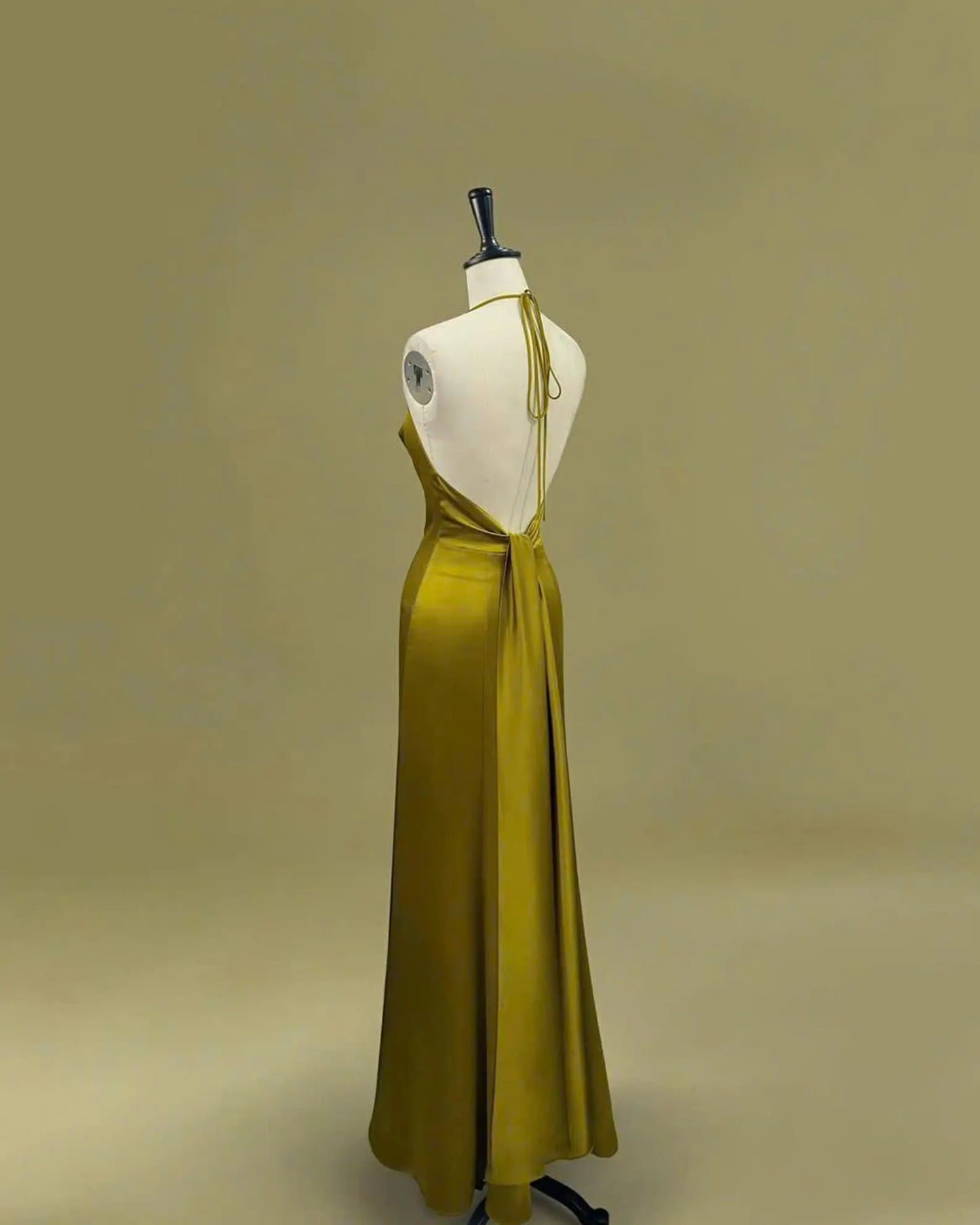 Elegant A-Line Halter Cowl Neck Open Back Olive Green Floor-Length Prom Dress