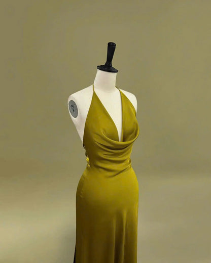 Elegant A-Line Halter Cowl Neck Open Back Olive Green Floor-Length Prom Dress