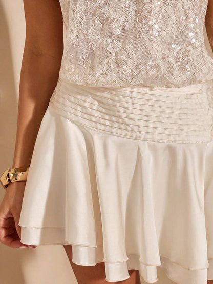 Elegant A-Line Halter Neck Sequin Lace Pleated Ivory Mini Homecoming Dress
