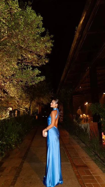 Elegant A-Line Halter Neck Sleeveless Glamorous Royal Blue Floor-Length Evening Gown