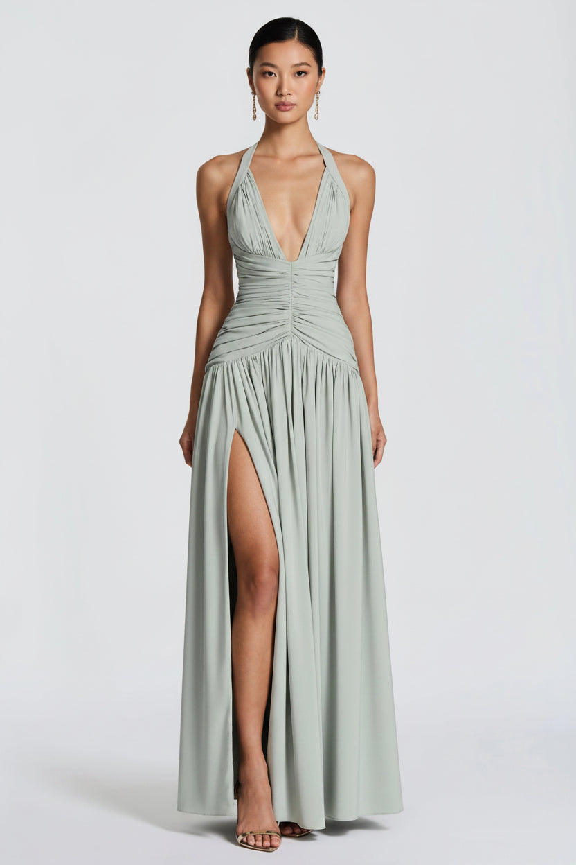 Elegant A-Line Halter Ruched Slit Sage Green Floor-Length Prom Dress Hot Sale