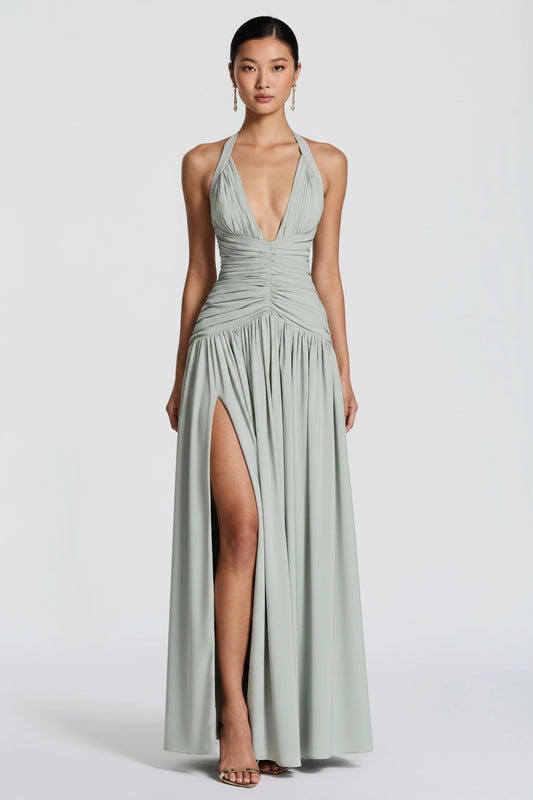 Elegant A-Line Halter Ruched Slit Sage Green Floor-Length Prom Dress Hot Sale