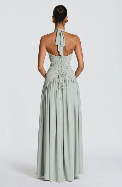 Elegant A-Line Halter Ruched Slit Sage Green Floor-Length Prom Dress Hot Sale