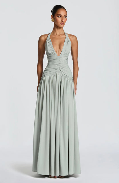 Elegant A-Line Halter Ruched Slit Sage Green Floor-Length Prom Dress Hot Sale