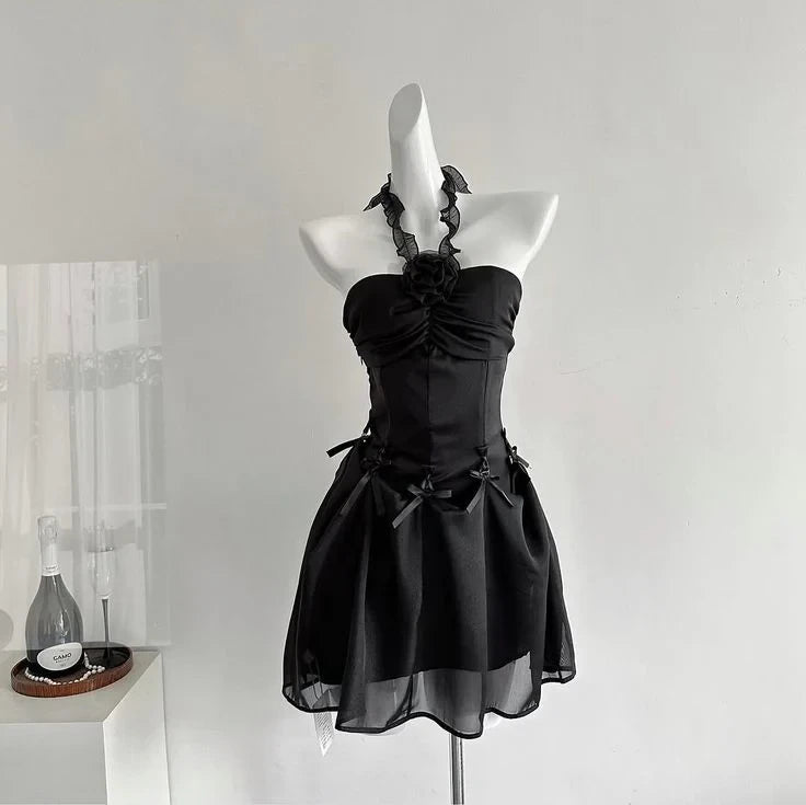 Elegant A-Line Halter Ruffled Corset Black Mini Homecoming Dress With Bow