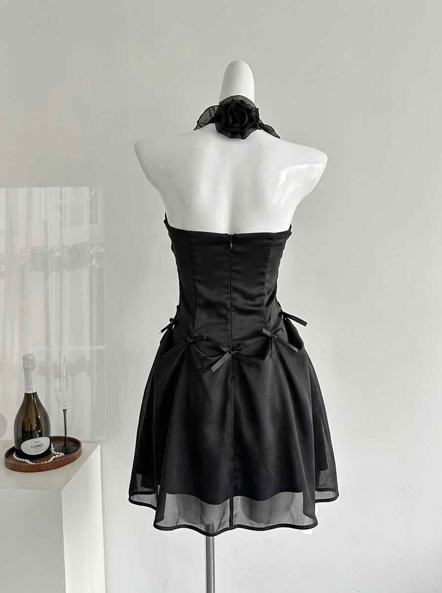 Elegant A-Line Halter Ruffled Corset Black Mini Homecoming Dress With Bow