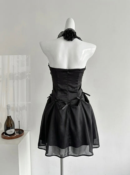 Elegant A-Line Halter Ruffled Corset Black Mini Homecoming Dress With Bow