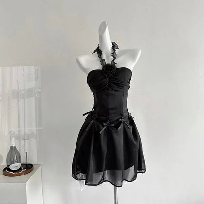 Elegant A-Line Halter Ruffled Corset Black Mini Homecoming Dress With Bow