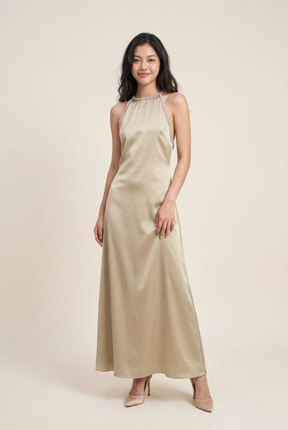 Elegant A-Line Halter Sleeveless Beaded Champagne Floor-Length Prom Dress