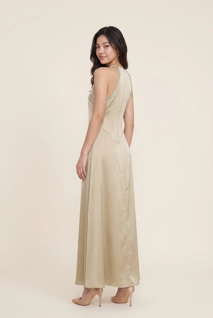Elegant A-Line Halter Sleeveless Beaded Champagne Floor-Length Prom Dress