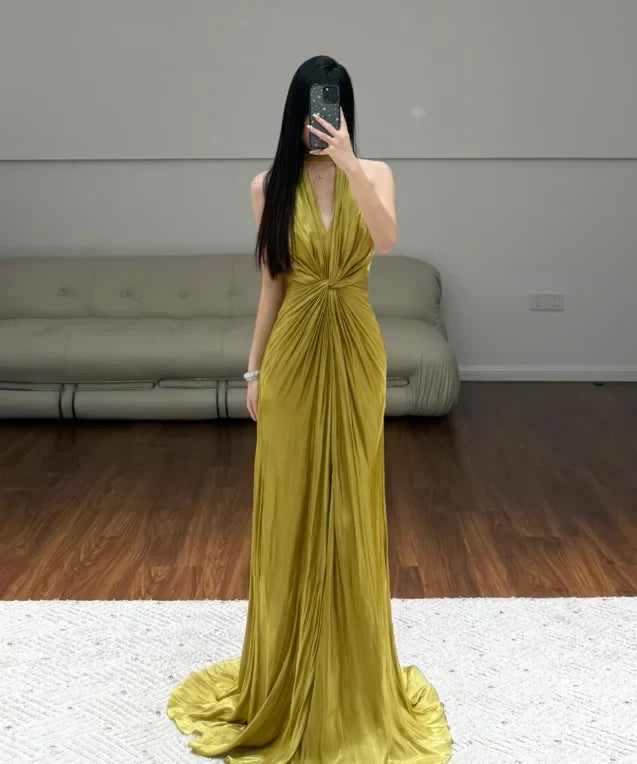 Elegant A-Line Halter Sleeveless Ruched Golden Yellow Floor-Length Evening Dresses Women's Gown
