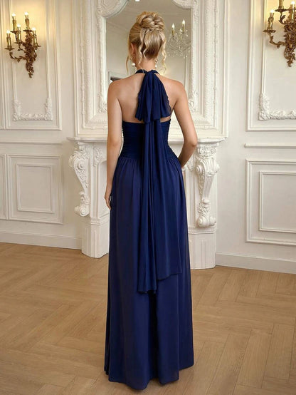 Elegant A-Line Halter Tie Ruched Solid Color Navy Blue Floor-Length Prom Dress
