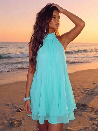 Elegant A-Line Halter Tiered Ruffle Backless Pleated Aqua Mini Homecoming Dresses